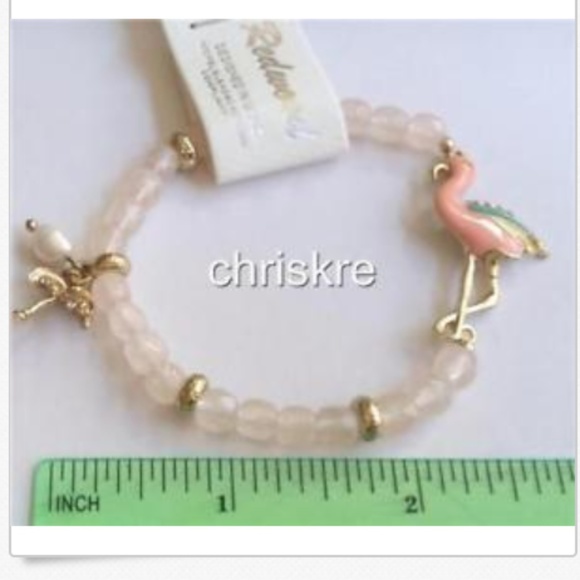 Pink Flamingo Charm Bracelet Freshwater White Pearl Palm Tree Gold Tone Beaded - Picture 8 of 9